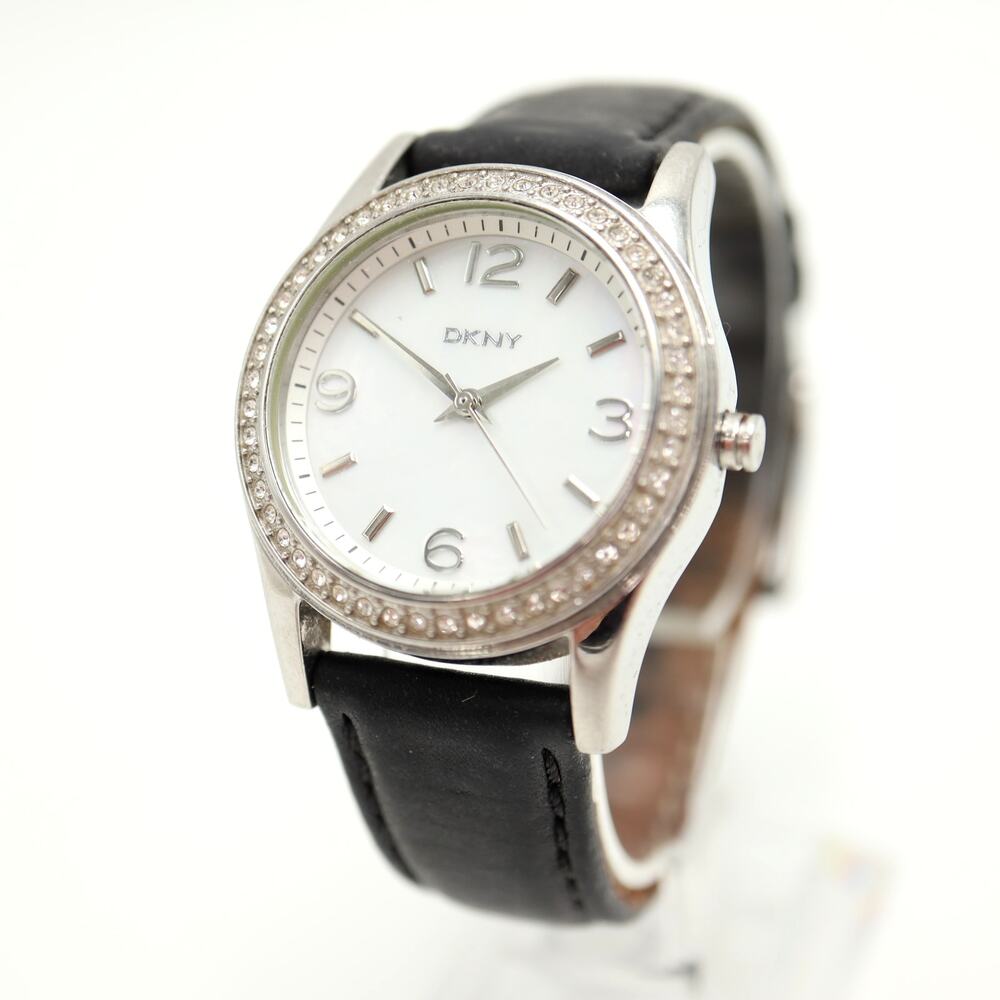 DKNY Womens Silver Tone MOP 32mm Watch Jewel Bezel Black Leather w New Battery